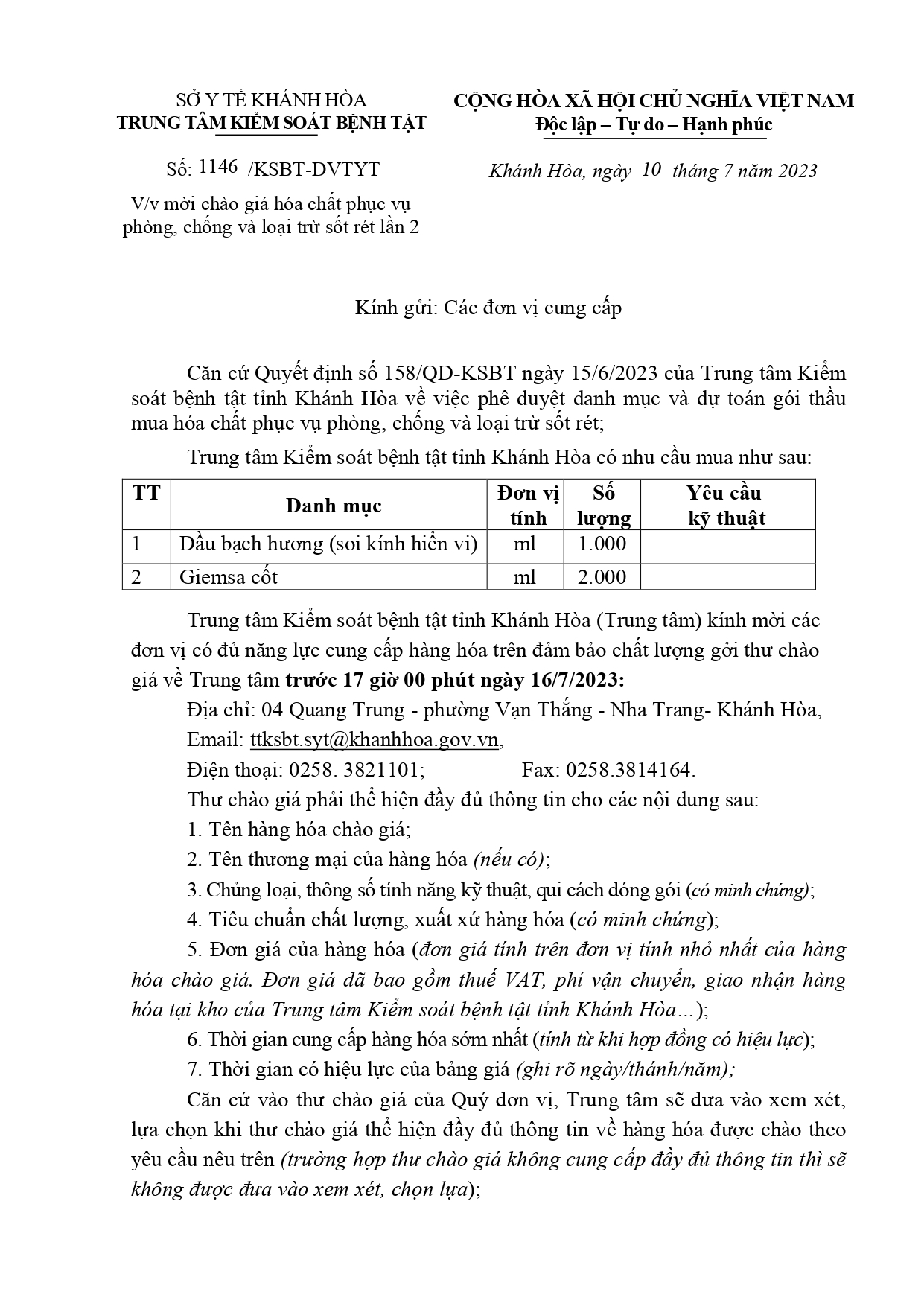 Mời chào giá hóa chất phục vụ phòng, chống và loại trừ sốt rét lần 2